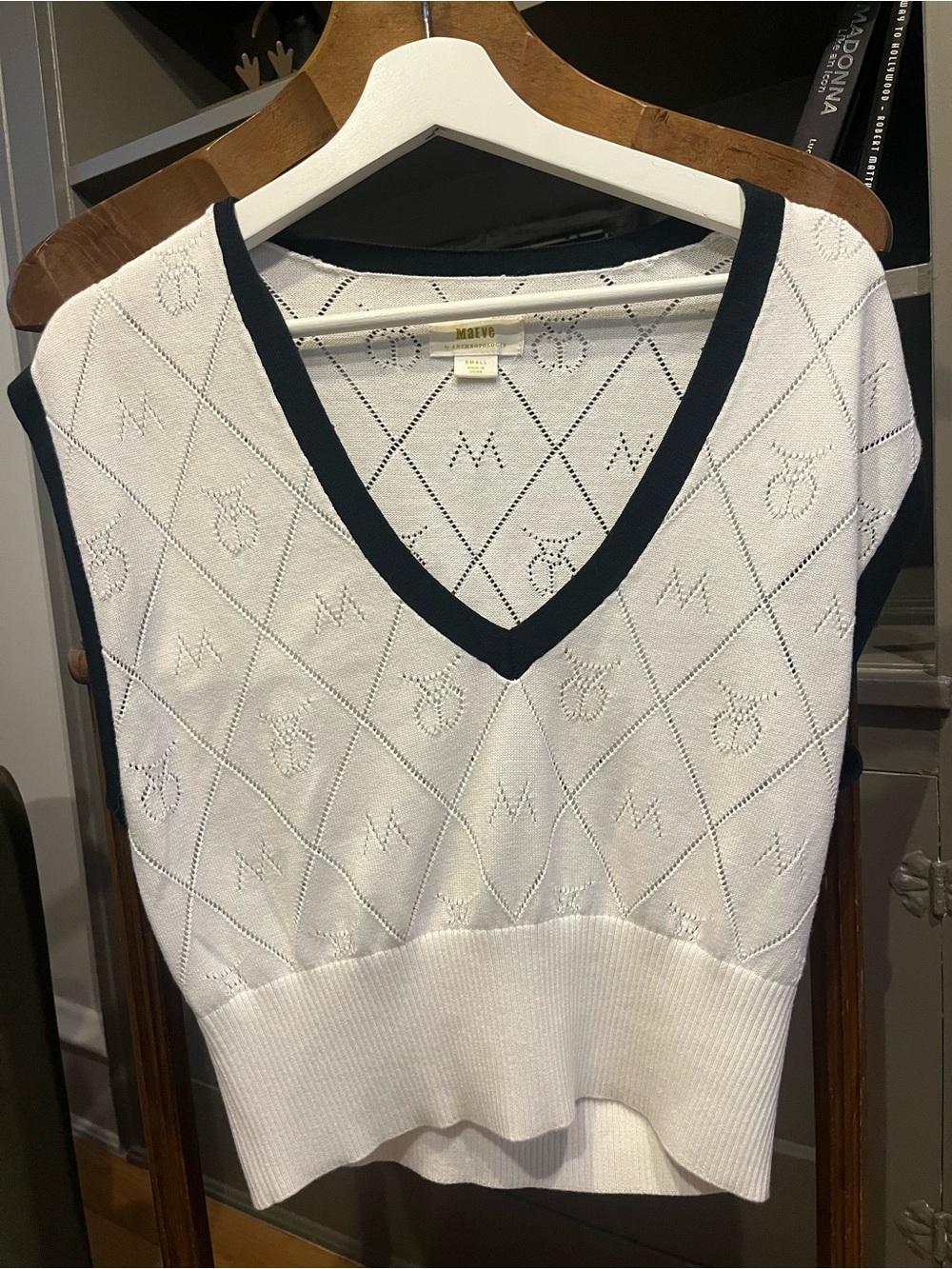 Anthropologie x Maeve White Knit V-Neck Sleeveless Vest with Black Trim